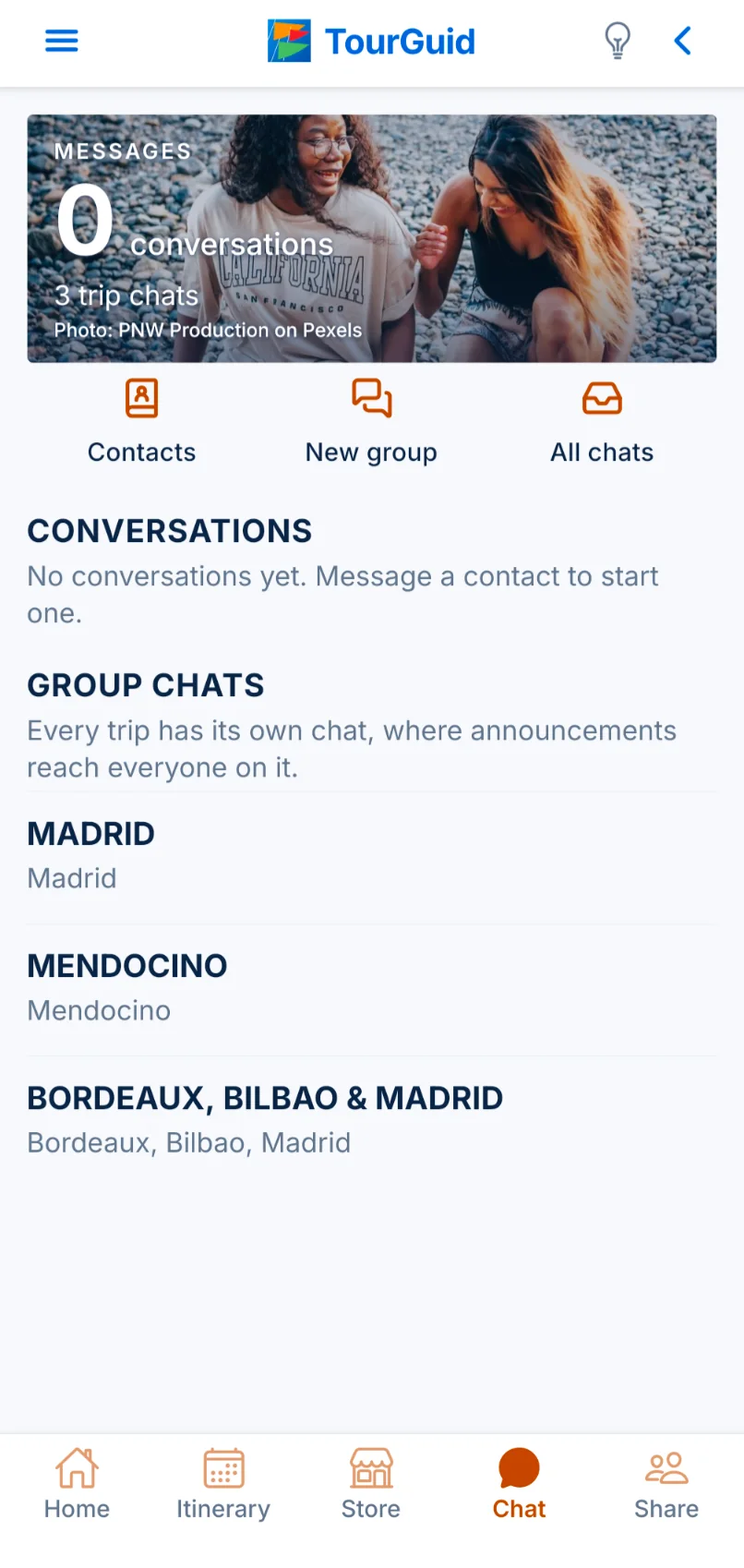 Chat screen with a group chat for each trip.