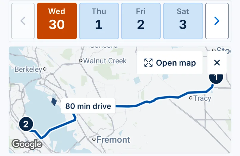 A row of trip days above a map with an 80 minute drive.