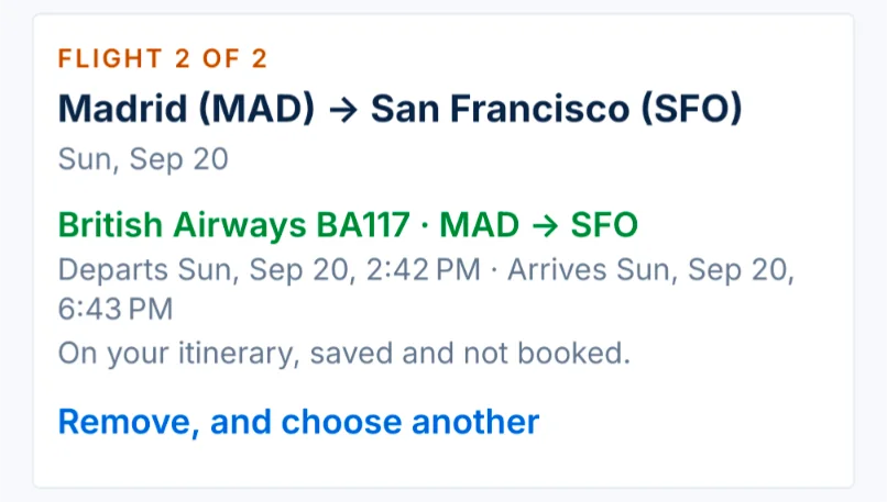 A chosen flight, Madrid to San Francisco, marked as on the itinerary, saved and not booked.