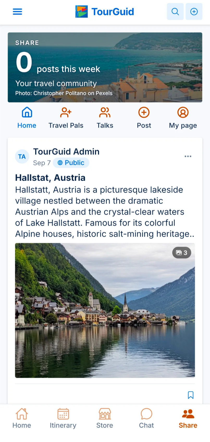 Share screen with a travel community post about Hallstatt, Austria.