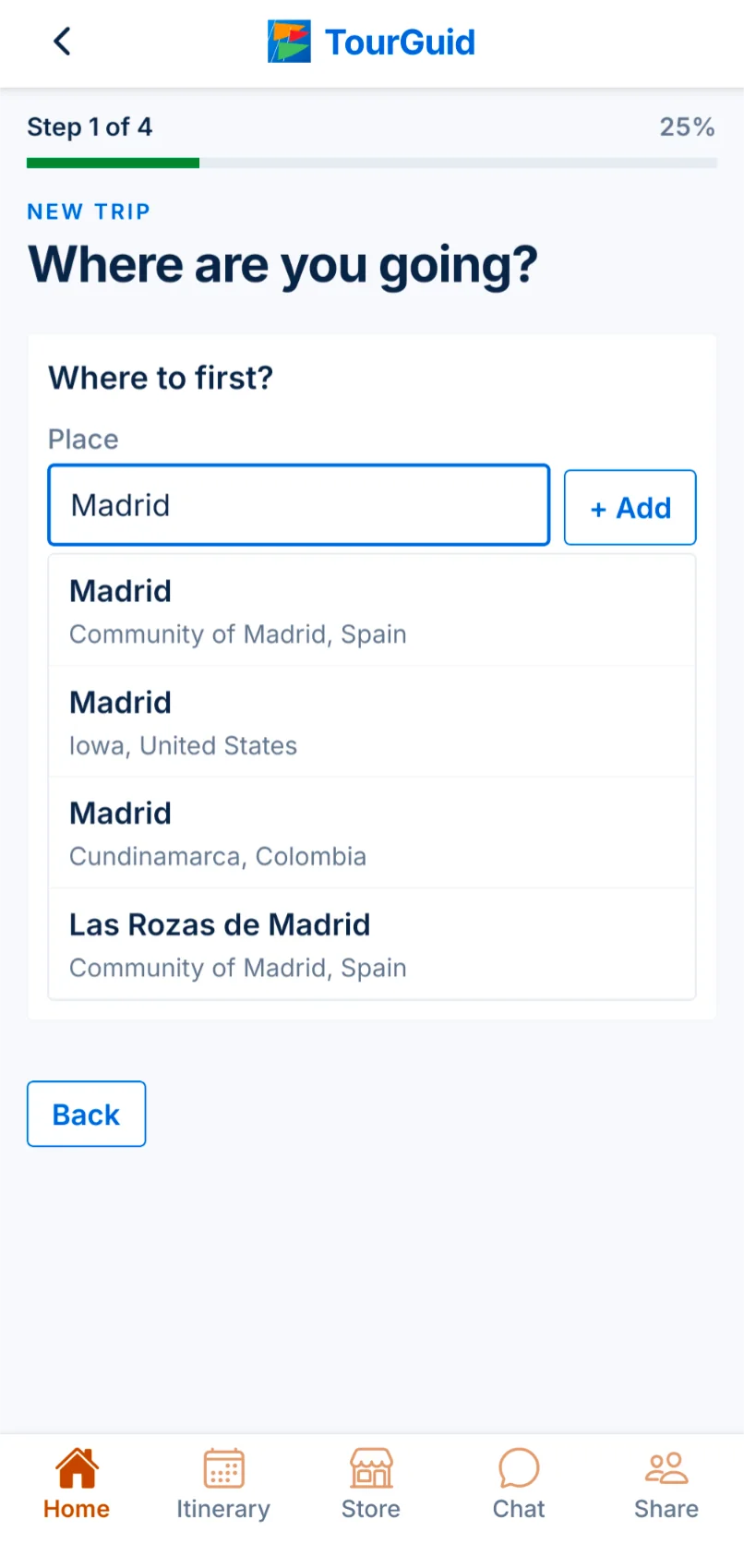 New trip screen searching for a city, showing four matches for Madrid.