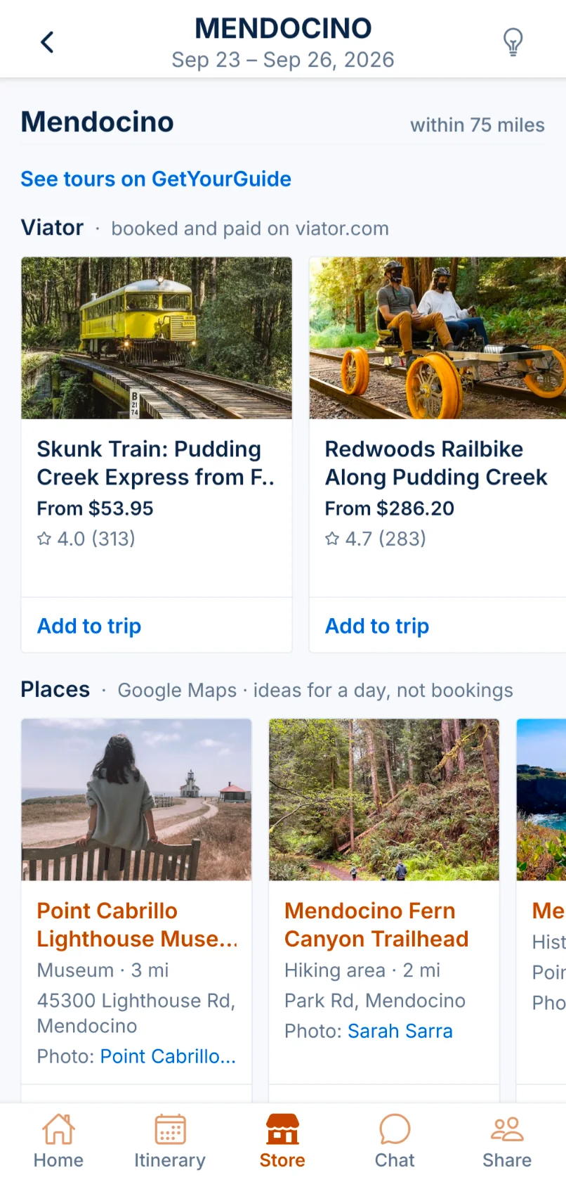 TourGuid Store screen listing tours and places near Mendocino.