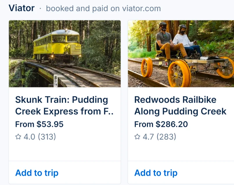 Two Viator tours with prices and ratings, each with an Add to trip button.